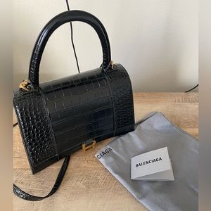 Balenciaga Small Hourglass Croc Embossed Black Leather Top Handle Bag